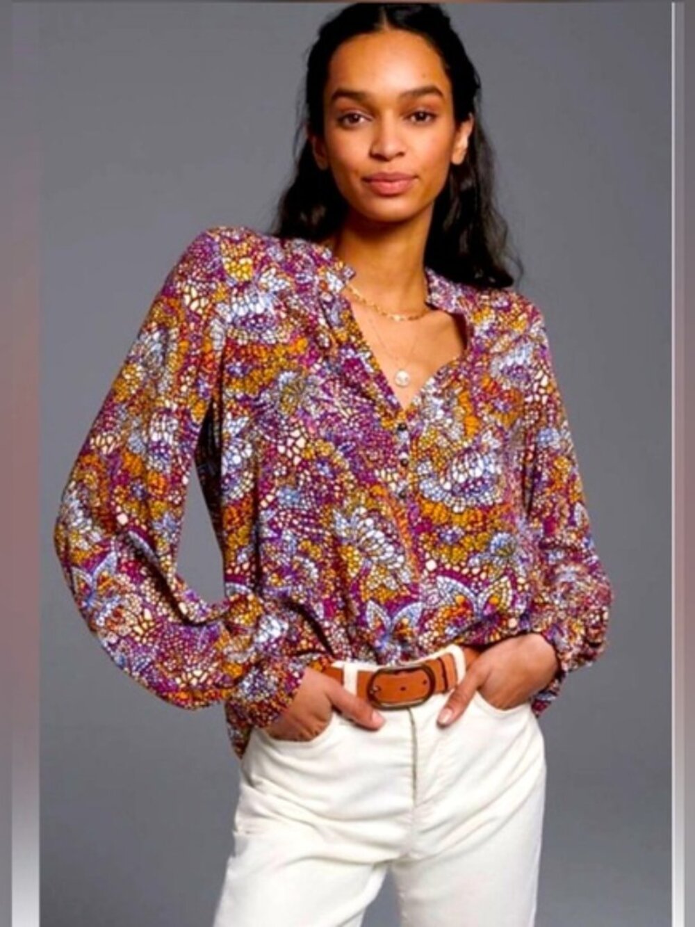 Maeve by Anthropologie Multicolor Mosaic Print Top - Fuchia, Gold, White XL
